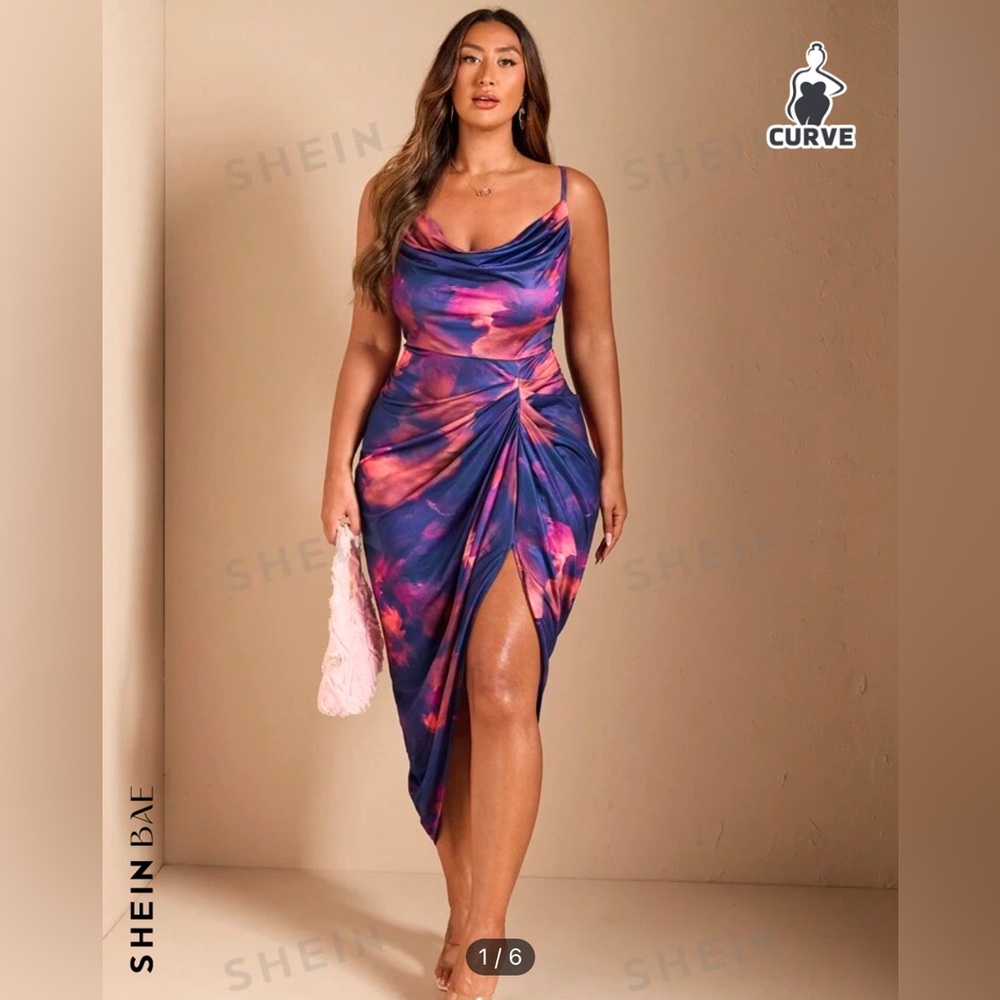 SHEIN BAE V-Neck Slit Color Block Tie Dye Printed Dress (3x plus)